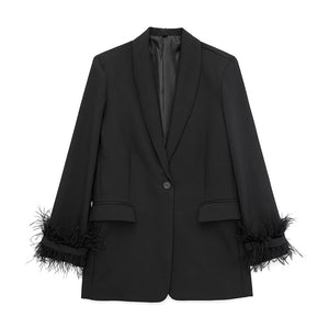 Feathered Blazer Jacket Two Piece Set