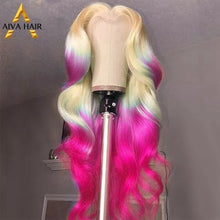 Load image into Gallery viewer, Pink Red Color Synthetic Body Wave Wig 30Inch Transparent 13X4 Lace Front Ombre Honey Blonde Cosplap Wig
