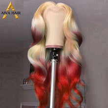 Load image into Gallery viewer, Pink Red Color Synthetic Body Wave Wig 30Inch Transparent 13X4 Lace Front Ombre Honey Blonde Cosplap Wig
