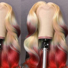 Load image into Gallery viewer, Pink Red Color Synthetic Body Wave Wig 30Inch Transparent 13X4 Lace Front Ombre Honey Blonde Cosplap Wig
