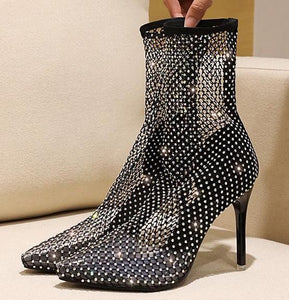 Rhinestone Mesh Thigh High Boots