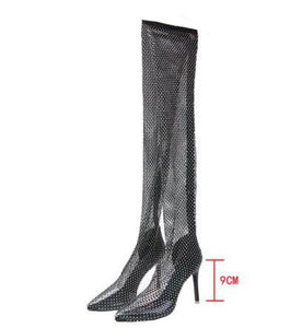 Rhinestone Mesh Thigh High Boots